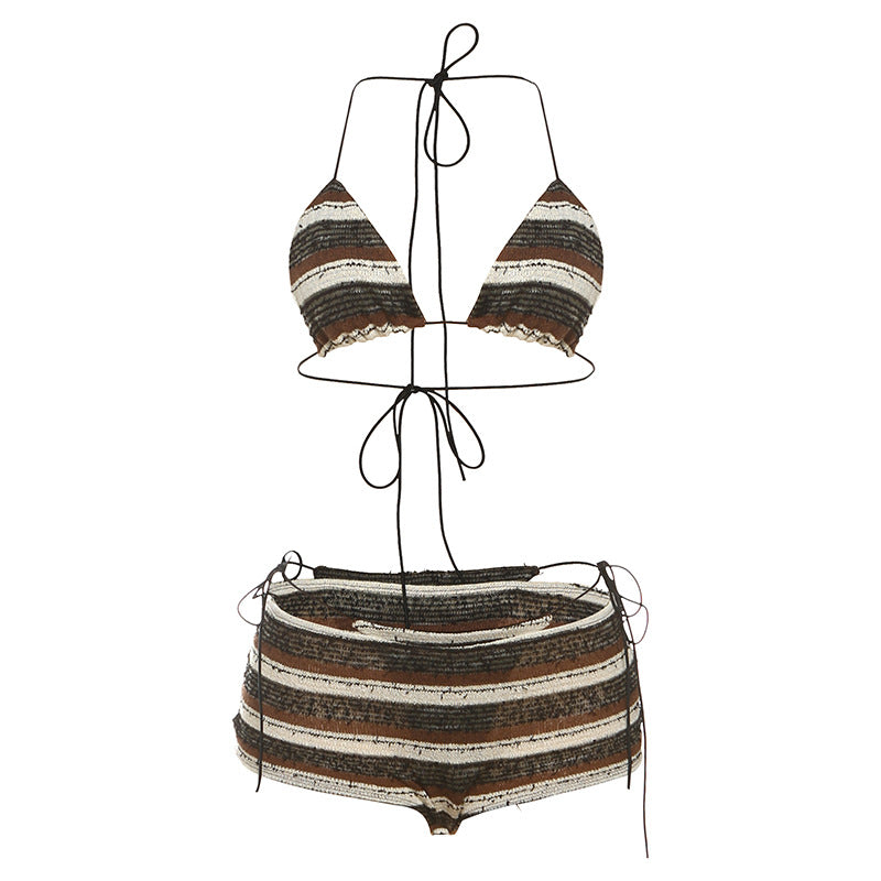 Women's sexy Halter Lace-up Striped Bikini Three-piece Suit