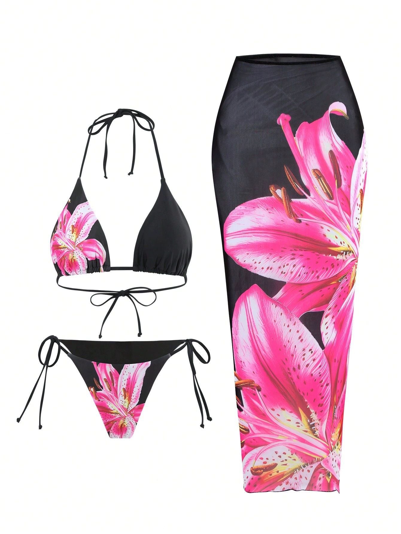New Printed Swimsuit Bikini Slim Wrap Skirt Three-piece Set For Women
