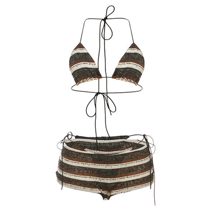 Women's sexy Halter Lace-up Striped Bikini Three-piece Suit