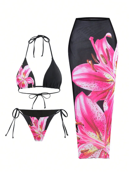 New Printed Swimsuit Bikini Slim Wrap Skirt Three-piece Set For Women